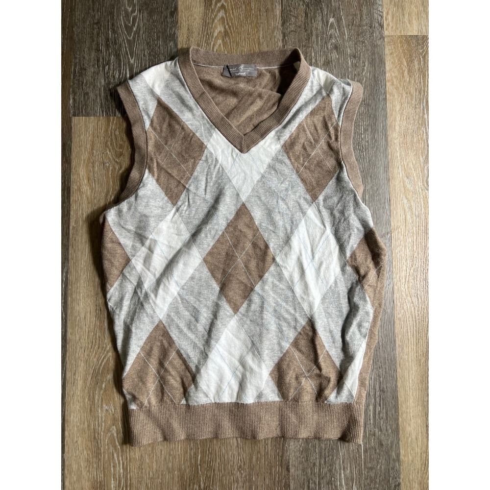 Daniel Cremieux Signature Supima Cotton Argyle Sweater Vest Tan Grey Mens M